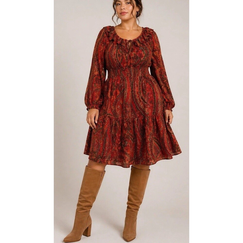 Lauren Ralph Lauren Paisley Tiered Dress Size 14 Boho Peasant Fall Midi - Picture 14 of 16